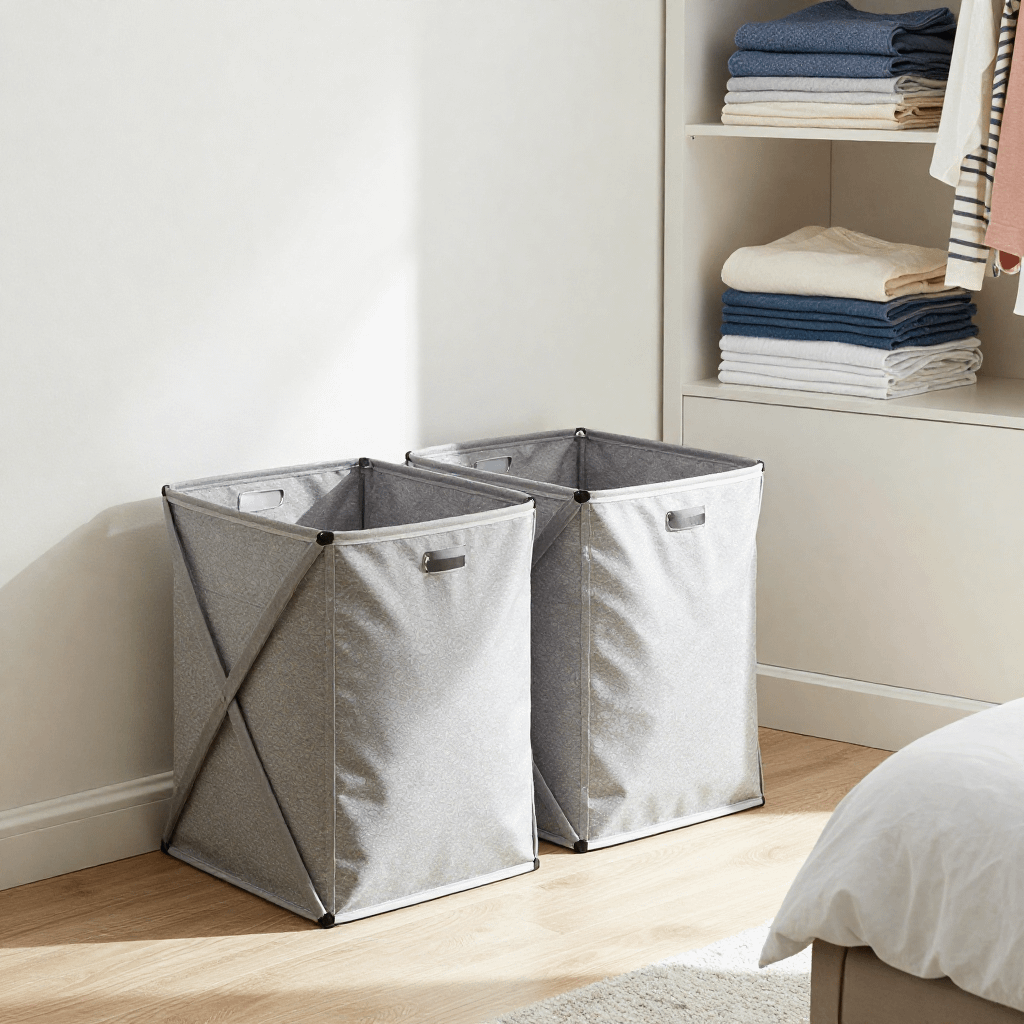 modern apartment bedroom featuring two grey foldable laundry baskets