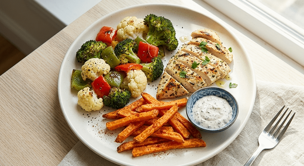 Healthy meal plate with air fried vegetables, chicken, and sweet potato fries, bright natural lighting