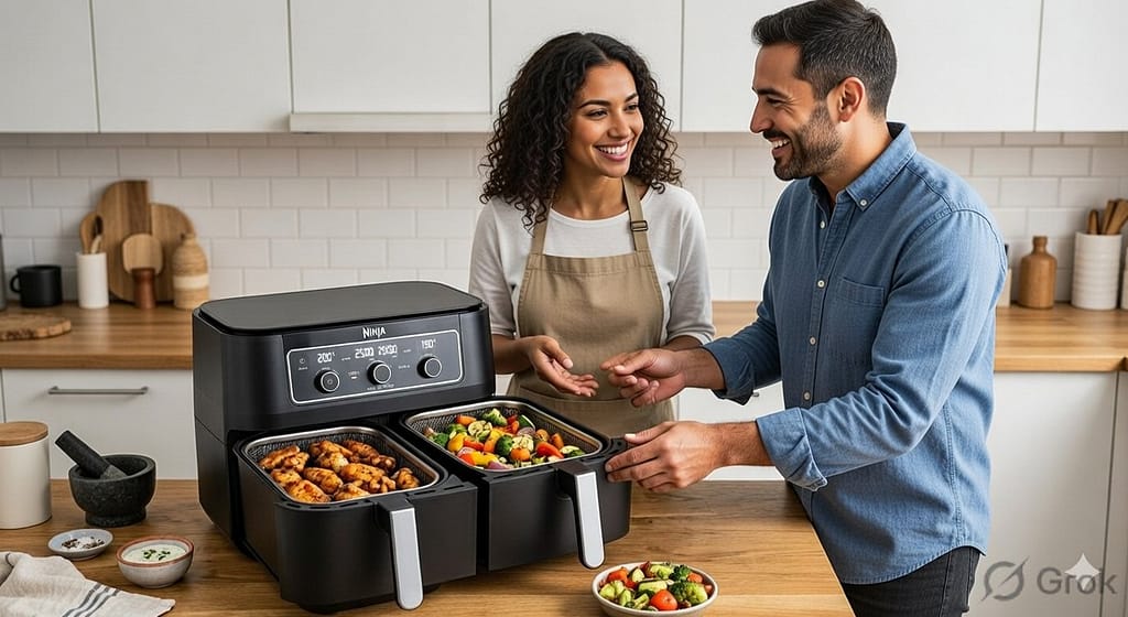 Dual basket air fryer cooking chicken wings in one basket and vegetables in another, overhead view
