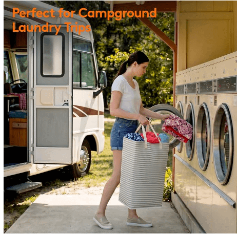 : Best collapsible laundry baskets for small spaces infographic showing 160L capacity, waterproof interior, reinforced handles, freestanding design, and foldable storage.