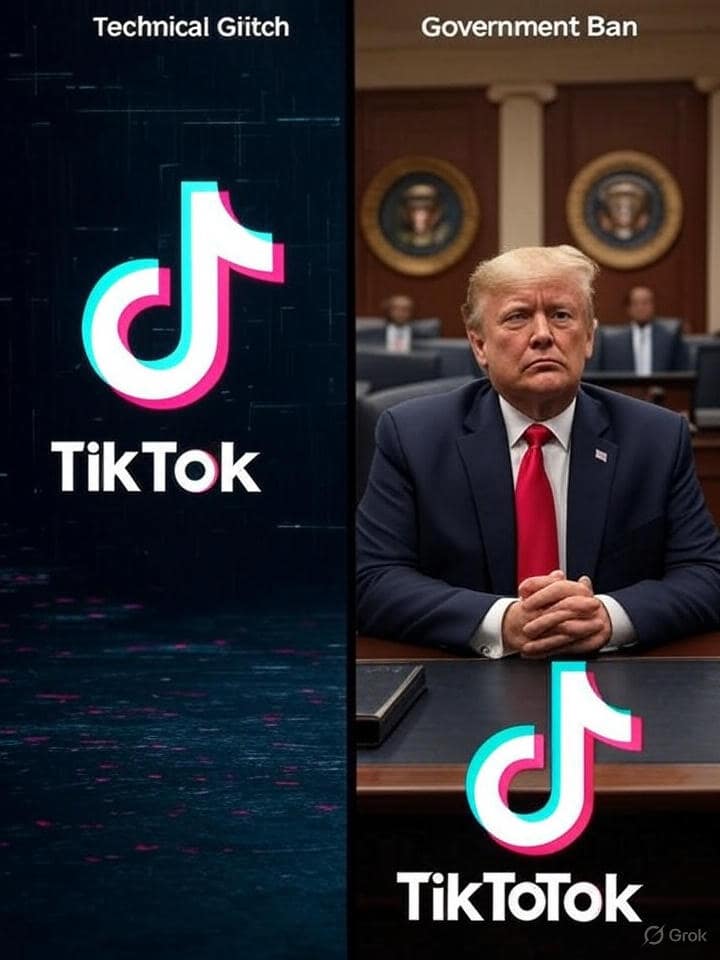echnical Glitch' vs 'Government Ban' with TikTok icons.