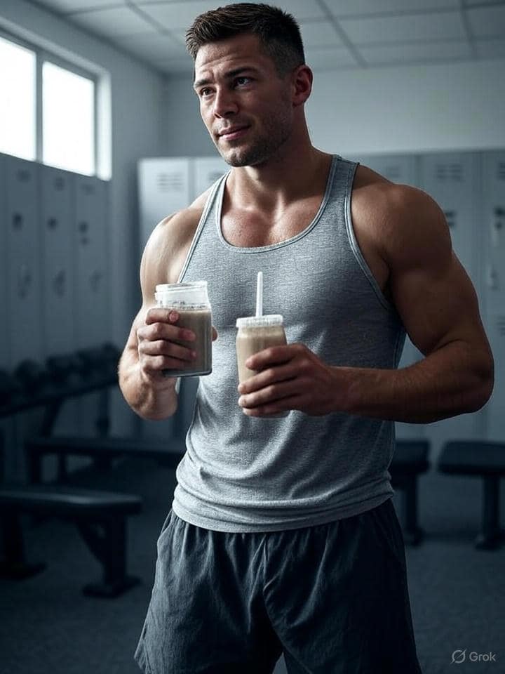 A muscular athlete holding a protein shake post-workout in a gym