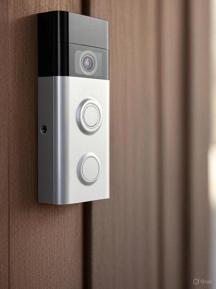 Close-up of Ring Wired Video Doorbell installed on a wooden wall