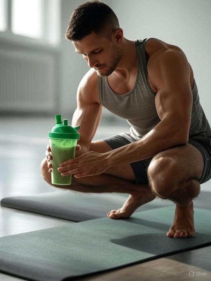 Vegan athlete mixing plant-based protein shake