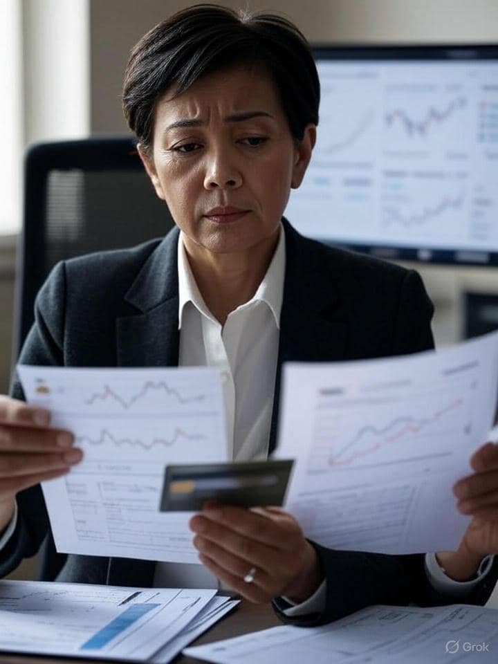 A person calling US Bank support with credit card and documents in hand, financial dashboard in the background