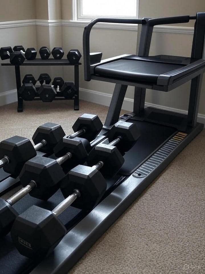 A sleek home gym corner with adjustable dumbbells,