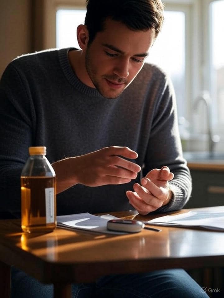A person checking their blood sugar levels with a glucometer, with apple cider vinegar on the table beside them.