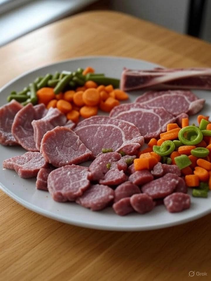 A plate with raw dog food arranged neatly — meat, bone, and veggies.