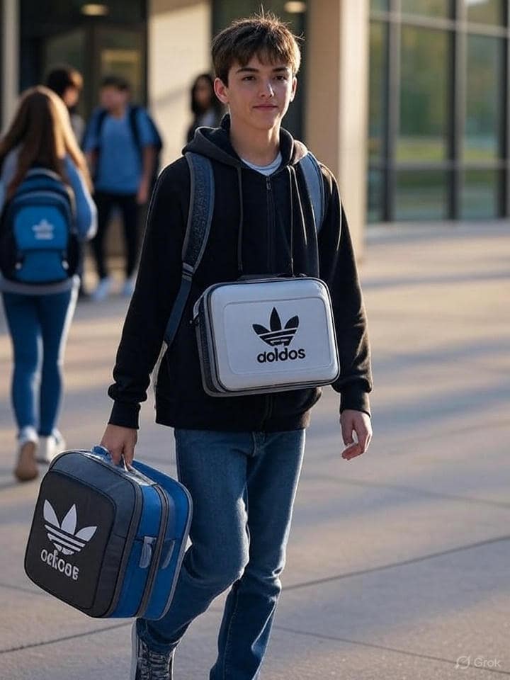 Teen carrying an Adidas Santiago lunch box walking into a school building